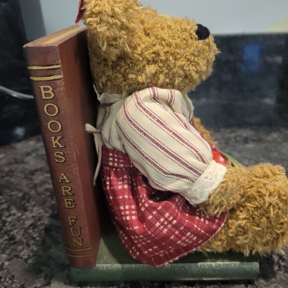Vintage Teddy Bear Bookend - Red Gingham Dress & Bow Holding an Apple - Picture 15 of 16